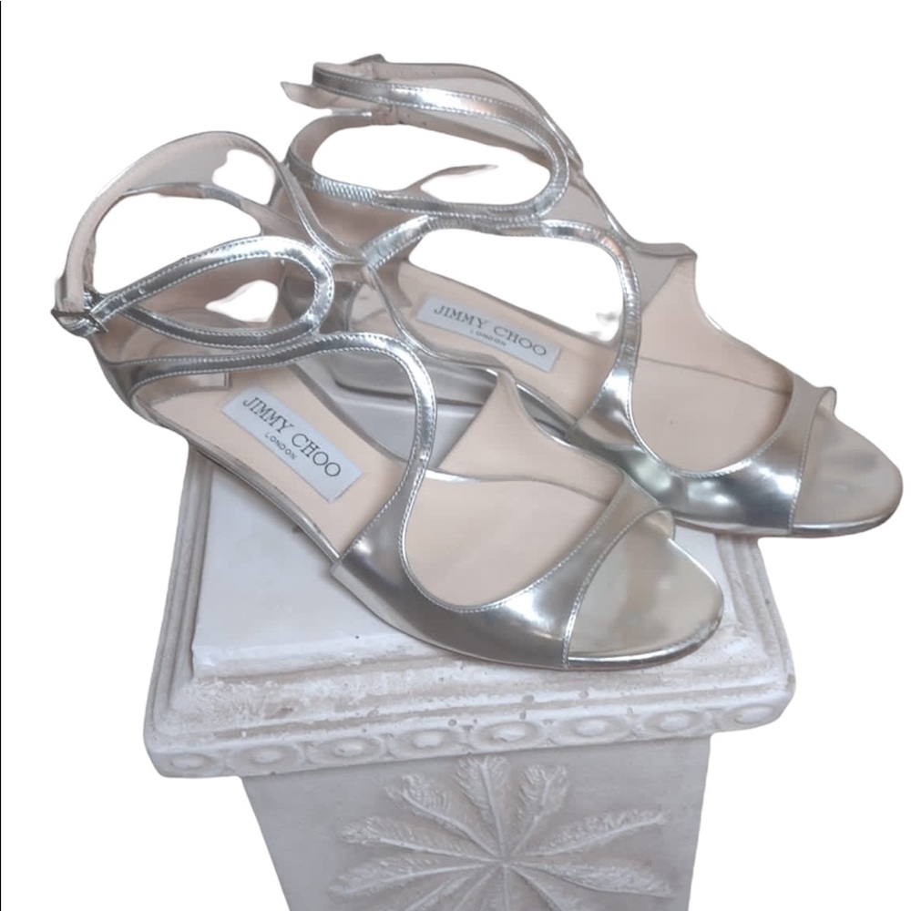 Jimmy Choo INKA Double Buckle Ankle Silver Mirror Demi Wedge Sz 38.5